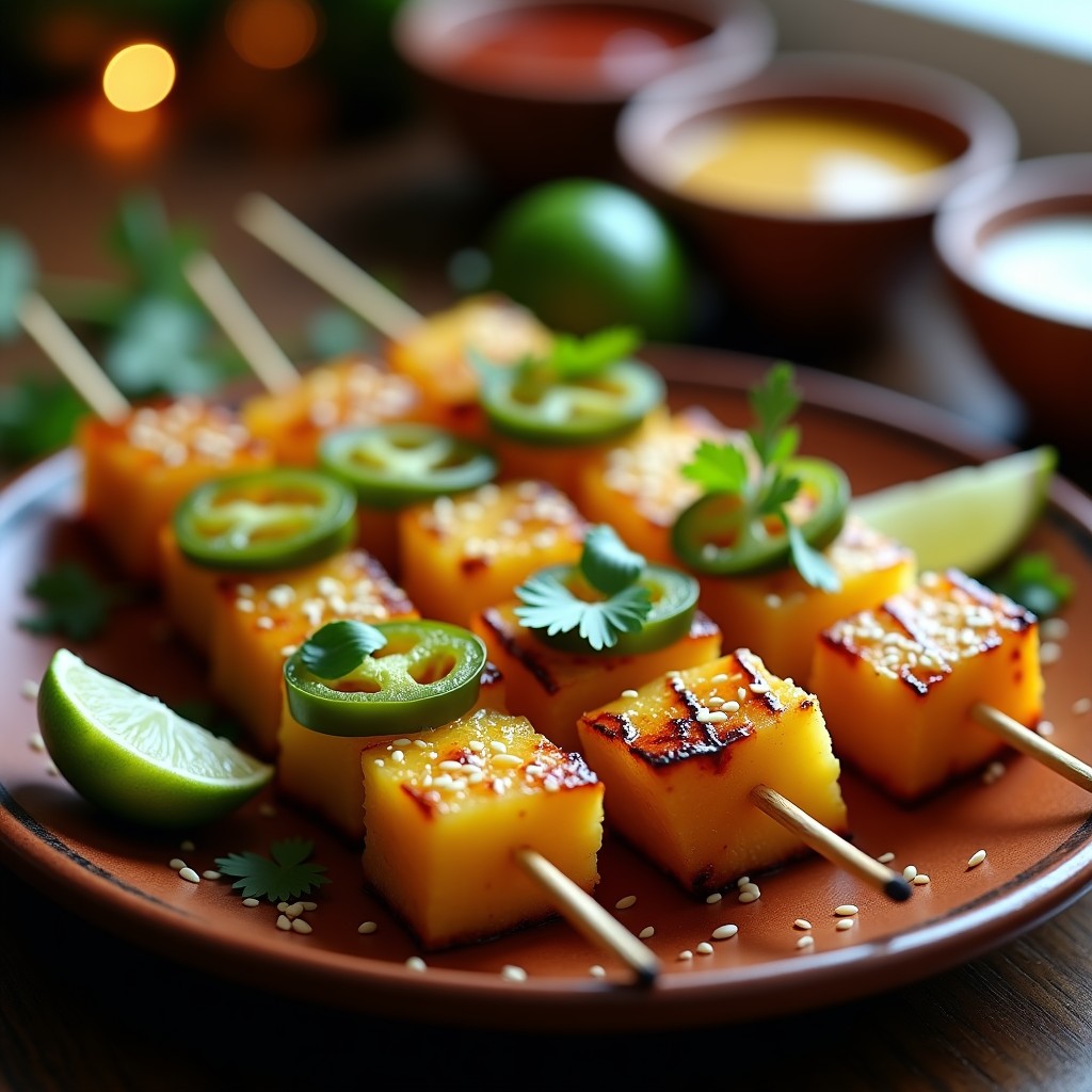 Brochetas doradas de piña y jalapeño con glaseado brillante de miel y lima, espolvoreadas con semillas de sésamo y cilantro fresco, servidas en un plato de barro mexicano con fondo de madera rústica.