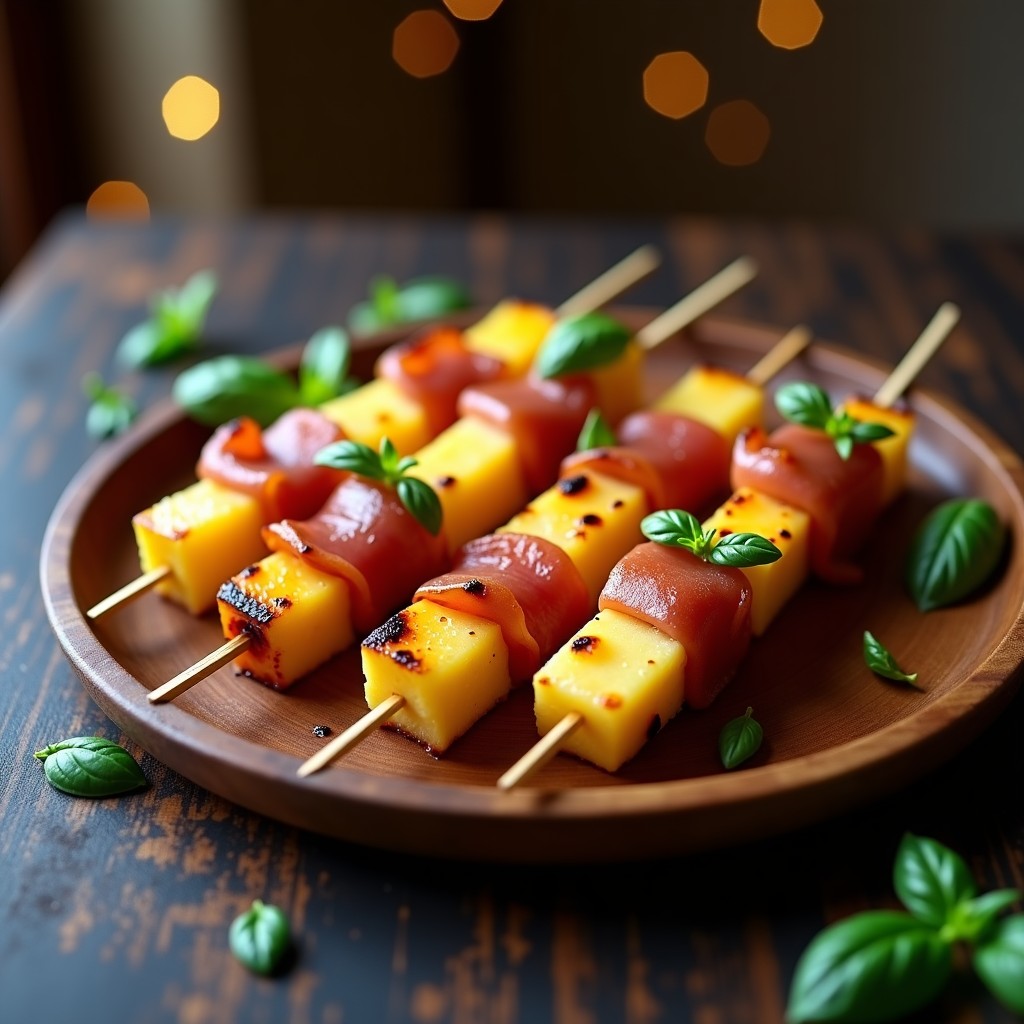 Brochetas doradas de piña caramelizada y jamón serrano crujiente con queso manchego gratinado, servidas en bandeja rústica de madera con hojas de albahaca fresca.