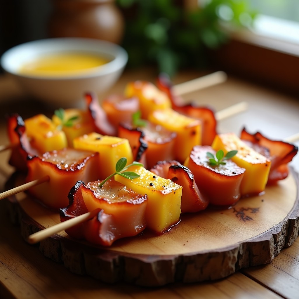 Brochetas doradas de piña, jamón y queso en airfryer, servidas en una tabla de madera con fondo borroso, receta crujiente y dulce.