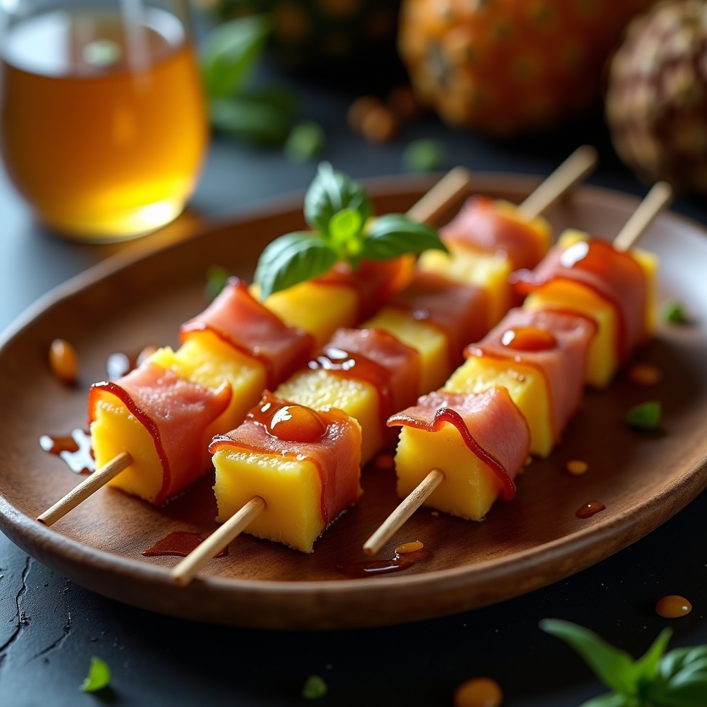 Brochetas de piña dorada, jamón serrano y queso manchego curado ensartados en palillos de madera, con un brillo de miel y vinagre de Módena, decoradas con hojas de albahaca sobre una bandeja de madera rústica.