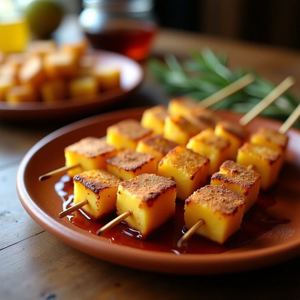 Brochetas de piña caramelizada y queso manchego dorado en palillos de madera, bañadas en mosto reducido brillante, decoradas con hojas de menta fresca y servidas en plato blanco rústico. Postre español gourmet hecho en airfryer.