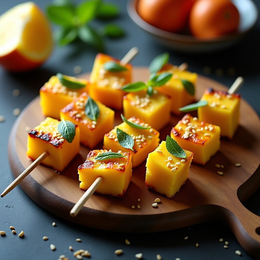 Brochetas de piña, mango y queso de cabra al horno servidas en bandeja de madera, con caramelización dorada en la fruta y queso cremoso, decoradas con hojas de menta y semillas de sésamo.