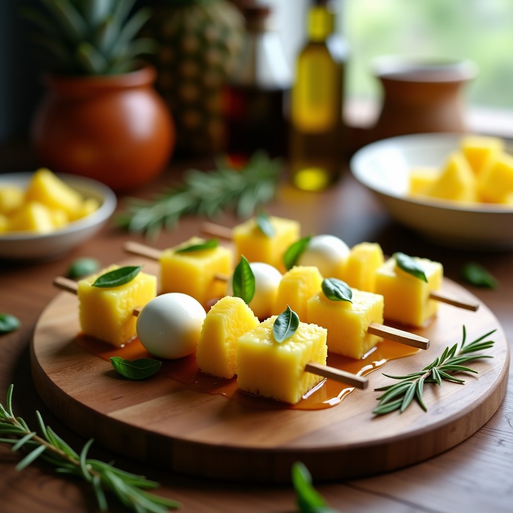 Brochetas de piña dorada en cubos, mozzarella de búfala cremosa y hojas de albahaca fresca, bañadas en un glaseado brillante de miel y limón, sobre una bandeja de madera rústica con fondo desenfocado.