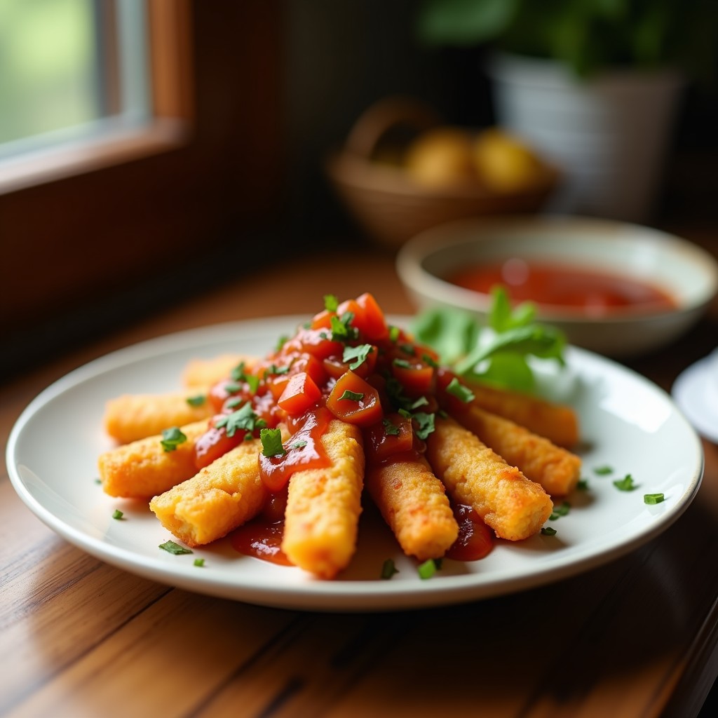 Brochetas de piña dorada y pimiento rojo asado en palillos de madera, servidas en plato rústico con salsa de chipotle oscura y cilantro fresco espolvoreado.