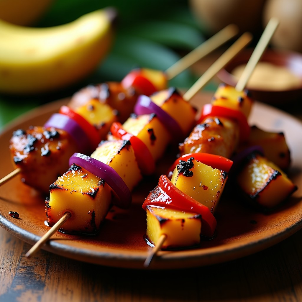 Brochetas de pollo adobado y piña caramelizada servidas en plato de madera, con trozos dorados de cebolla morada y pimiento rojo, sobre fondo de hojas de plátano. Receta filipino-hawaiana en olla express.
