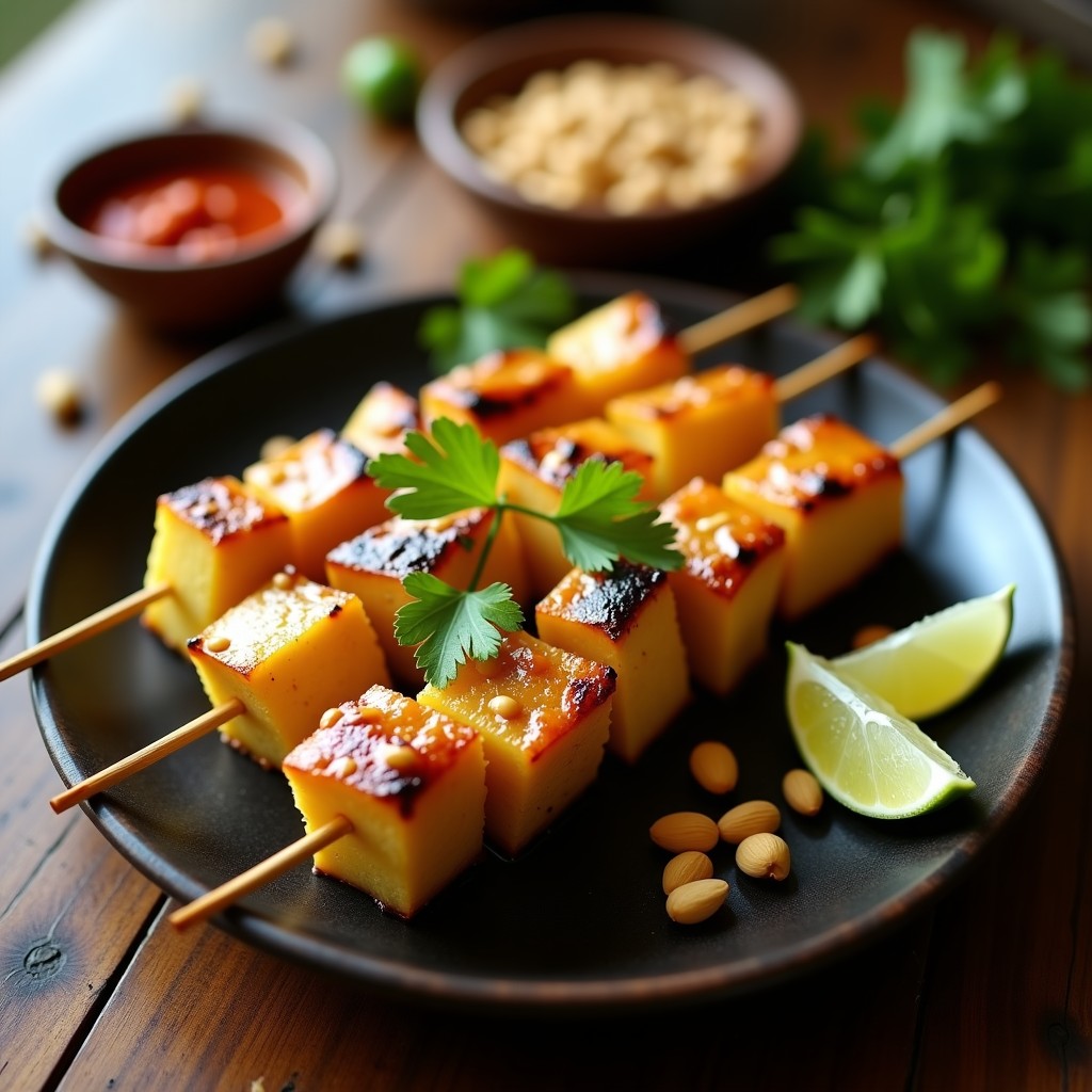 Brochetas doradas de pollo y piña asadas en palillos de bambú, bañadas en una salsa cremosa de cacahuete al estilo sataé tailandés, servidas sobre un lecho de hojas de cilantro fresco y rodajas de lima, con trozos de cacahuete picado espolvoreados.