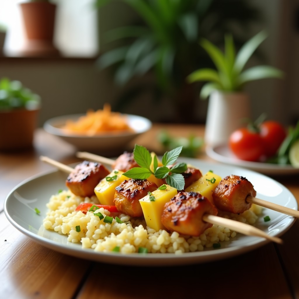 Brochetas doradas de pollo y piña caramelizada en palillos de madera, servidas sobre un plato de cerámica negra con salsa satay cremosa de cacahuete y hojas de limón kaffir. Receta tailandesa en airfryer con toque exótico.