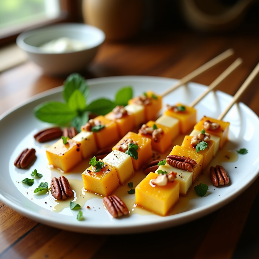 Brochetas doradas de piña caramelizada y queso azul derretido con nueces pecanas, servidas en plato blanco con hojas de menta fresca, receta airfryer gourmet.