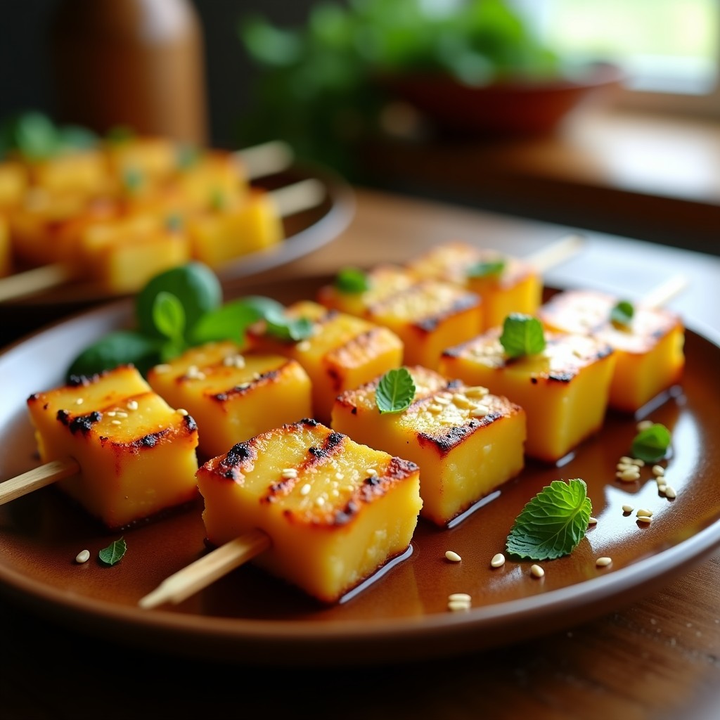 Brochetas doradas de piña asada y queso halloumi en palillos de madera, con salsa brillante de miele de agave, decoradas con hojas de menta y semillas de sésamo, sobre un plato de madera rústica con fondo borroso de cocina moderna.