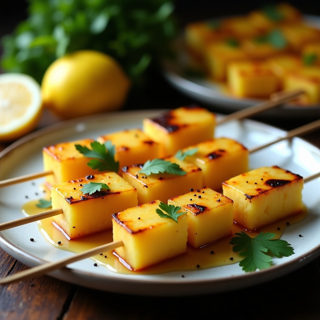 Brochetas de piña dorada y queso Manor grillado en palillos de madera, bañadas en sirope de miel brillante con especias, servidas en plato rústico con hojas de cilantro fresco y rodajas de limón al fondo.