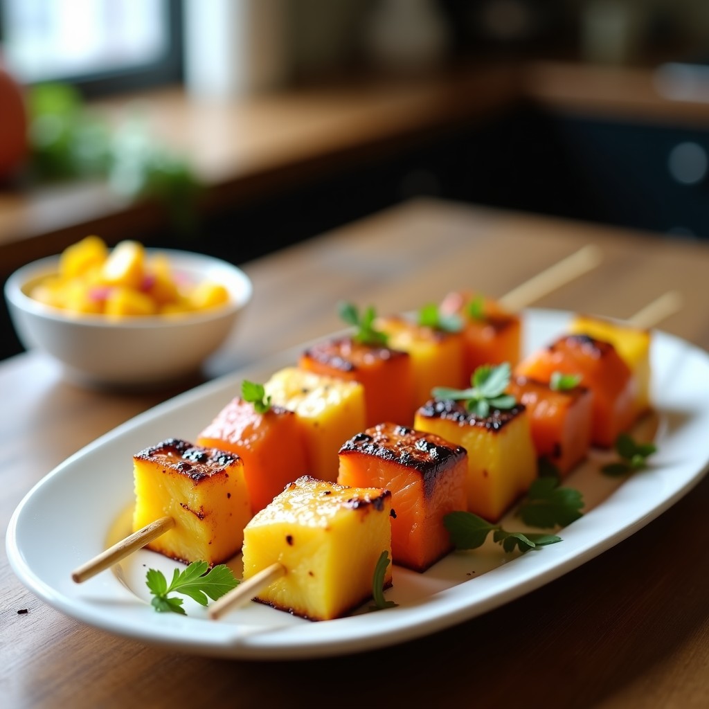 Brochetas doradas de piña y salmón ahumado en palillos de madera, servidas sobre una tabla de madera rústica con un bol pequeño de salsa de mango y jalapeño al lado. Decoración con hojas de cilantro y rodajas de lima.