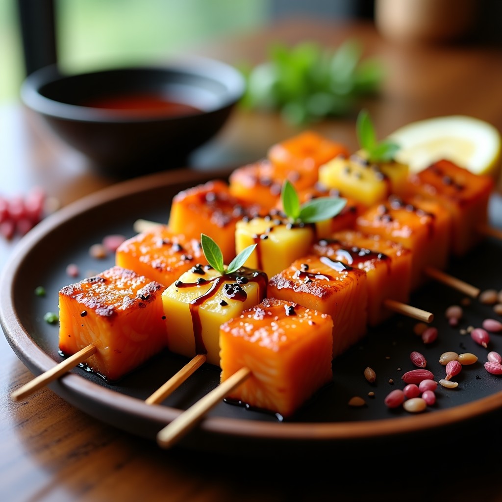 Brochetas doradas de piña caramelizada y salmón teriyaki crujiente en palillos de madera, espolvoreadas con semillas de sésamo negro y cebollino fresco, servidas sobre un plato de cerámica blanca con fondo de madera oscura, receta japonesa en airfryer.