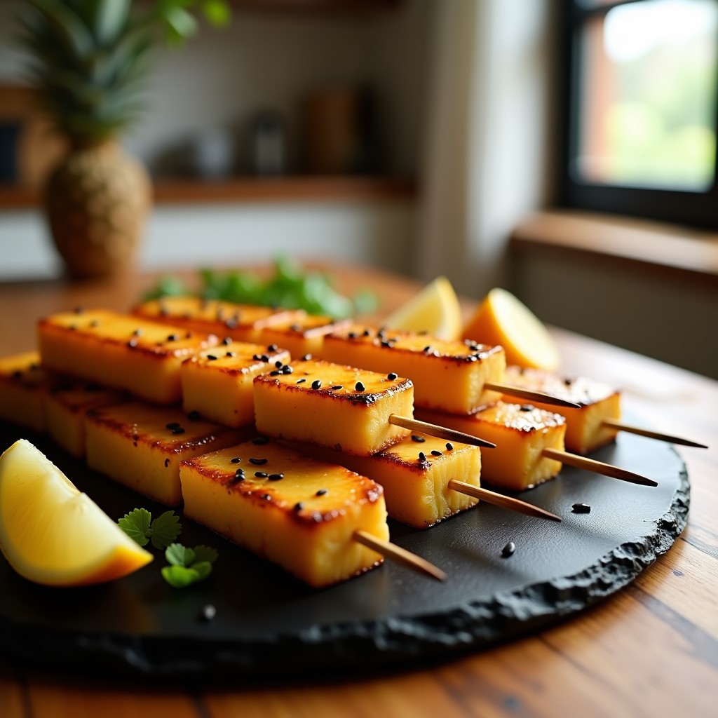 Brochetas de piña dorada y tempeh crujiente en palillos de madera, glaseadas con salsa teriyaki brillante sin azúcar y espolvoreadas con semillas de sésamo, servidas sobre un plato negro con fondo de hojas verdes y rodajas de limón.