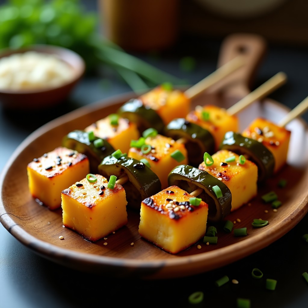 Brochetas de piña dorada, tofu ahumado marinado y pimientos de Padrón carbonizados en un grill, servidas en bandeja de madera con semillas de sésamo negro espolvoreadas. Receta fusion de brochetas de piña, tofu ahumado y pimiento de padrón al grill.