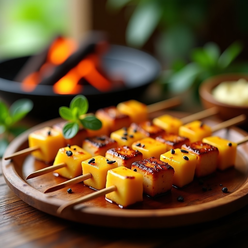 Brochetas veganas para BBQ con cubos dorados de tofu ahumado y piña caramelizada, glaseadas con miel de agave y espolvoreadas con semillas de sésamo negro, sobre una parrilla humeante con fondo borroso de jardín.