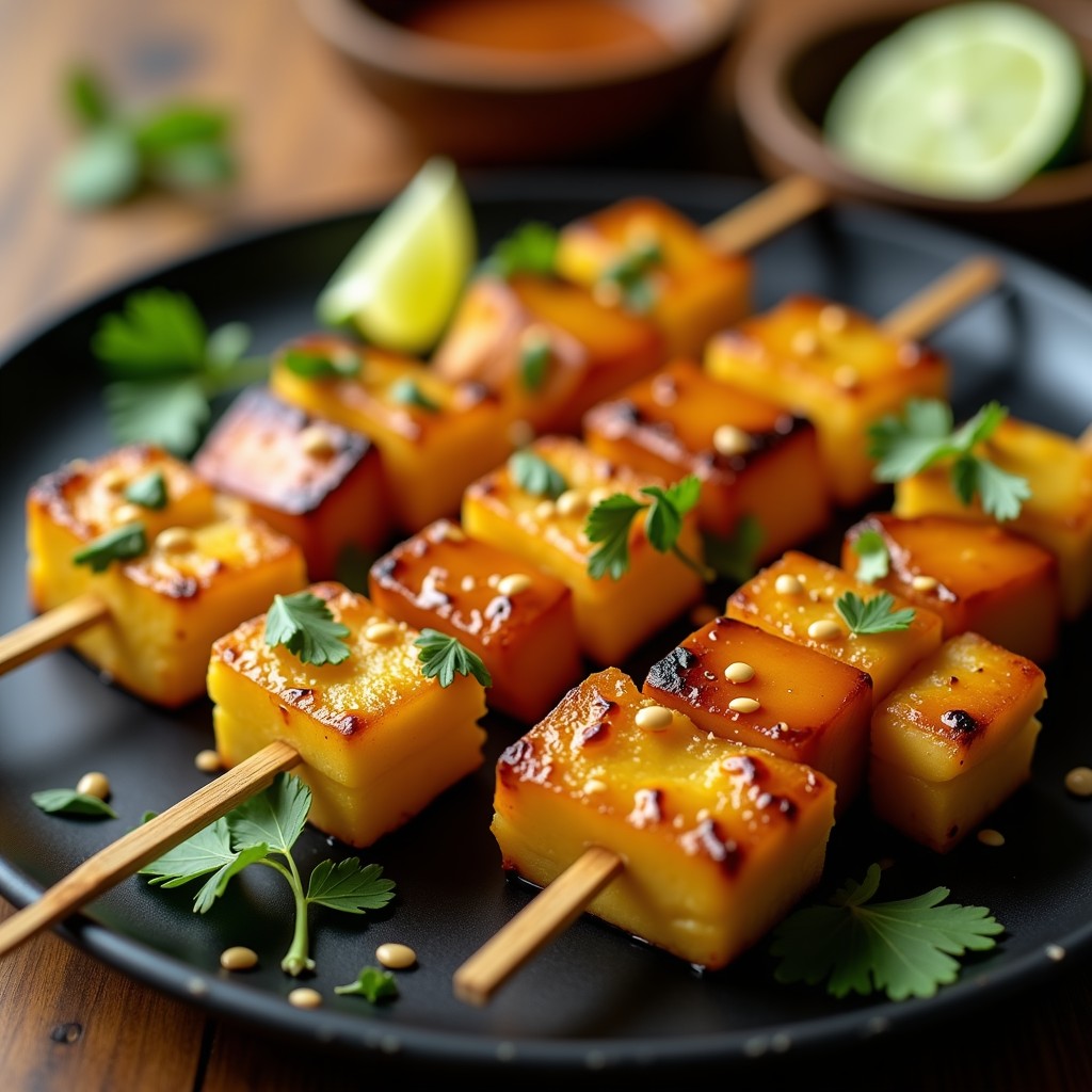 Brochetas doradas de piña caramelizada y tofu crujiente en palillos de madera, bañadas en glaseado brillante de sésamo y decoradas con semillas negras y cebollino fresco, sobre fondo de madera rústica con toque tailandés.