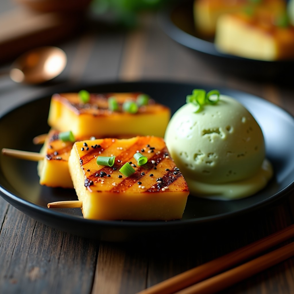 Brochetas doradas de piña caramelizada y tofu asado servidas sobre un plato negro, acompañadas de una bola de helado de wasabi cremoso. Decoradas con semillas de sésamo negro y cebollino picado. Postre japonés dulce-picante sin azúcar.
