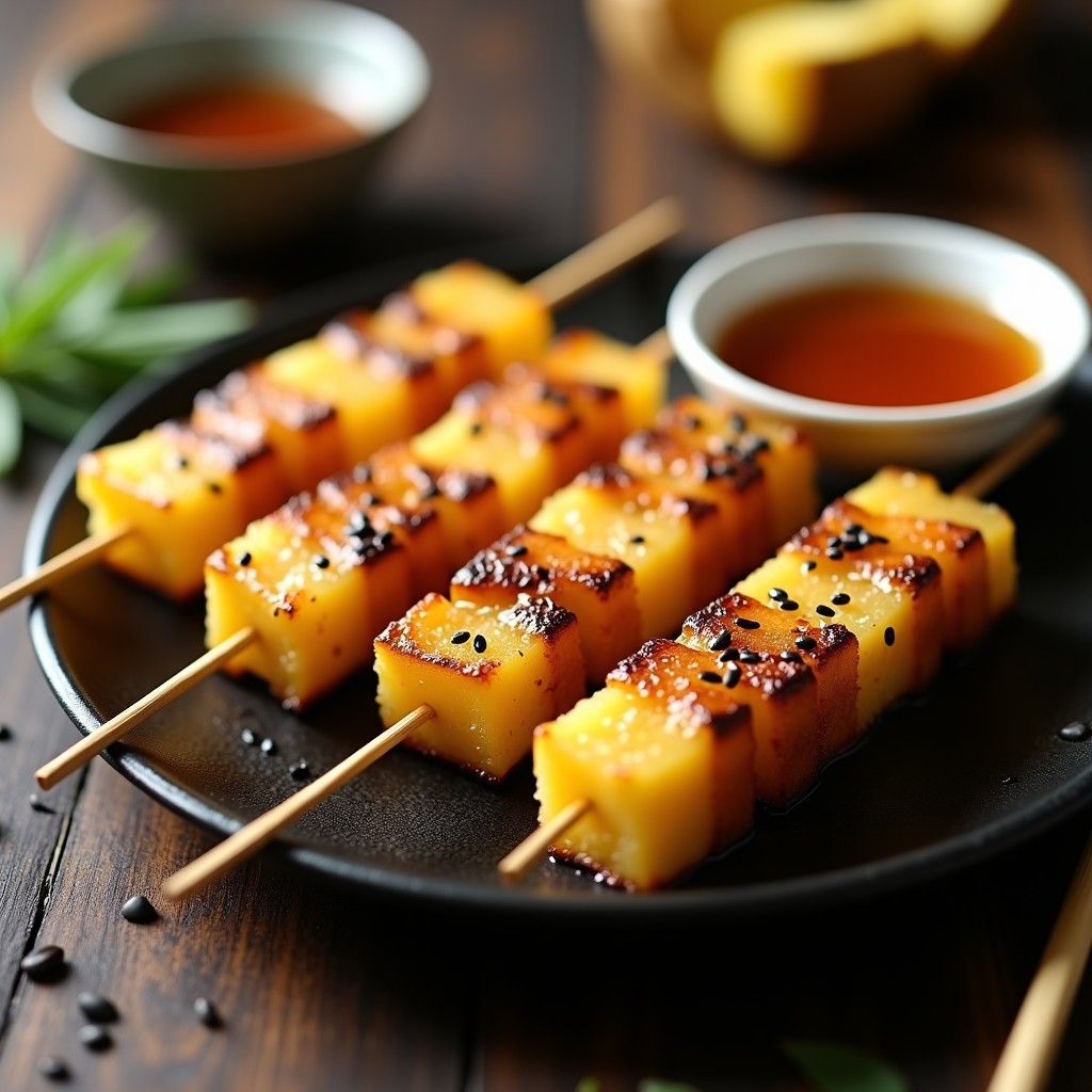 Brochetas doradas de ananás y yrabe (hongo shiitake) asadas en airfryer, dispuestas en un plato de cerámica negra con semillas de sésamo negro espolvoreadas. Acompañadas de un bol pequeño con salsa de wasabi y miel de color ámbar, sobre un fondo de madera oscura con hojas de bambú.