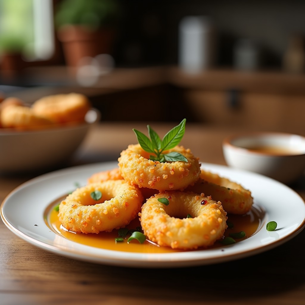 Brochetas de piñones y dátiles con glaseado brillante de sirope de arce, servidas en plato blanco rústico sobre fondo de madera clara. Postre mediterráneo sin azúcar en airfryer con texturas crujientes y cremosas.