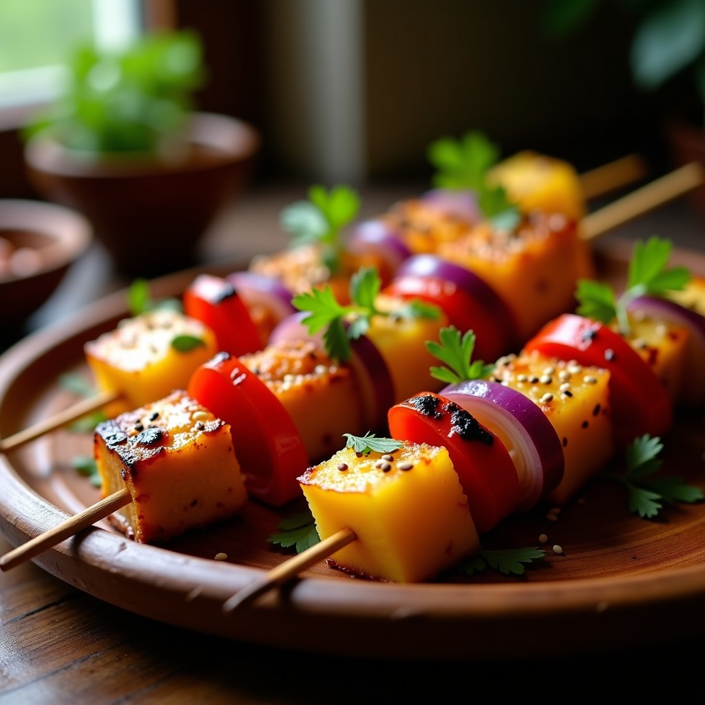 Brochetas de pollo dorado marinado en adobo filipino con trozos de piña asada caramelizada, cebolla morada y pimiento rojo, servidas en un plato de madera con fondo borroso. Receta en airfryer sin lácteos.