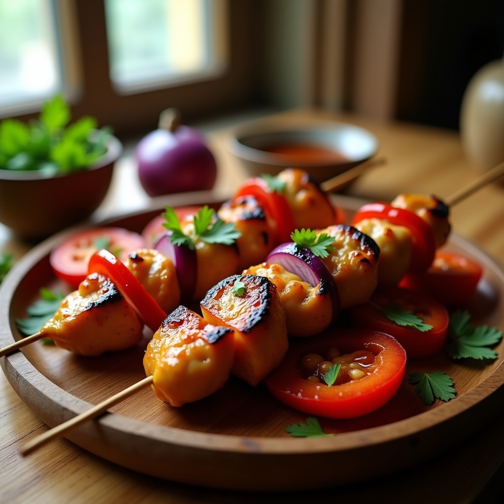 Brochetas de pollo dorado y caramelizado en airfryer, marinadas en café y especias, con trozos de cebolla morada y pimiento rojo asado. Plato con fondo rústico y hierbas frescas, resaltando el sabor a barbacoa.
