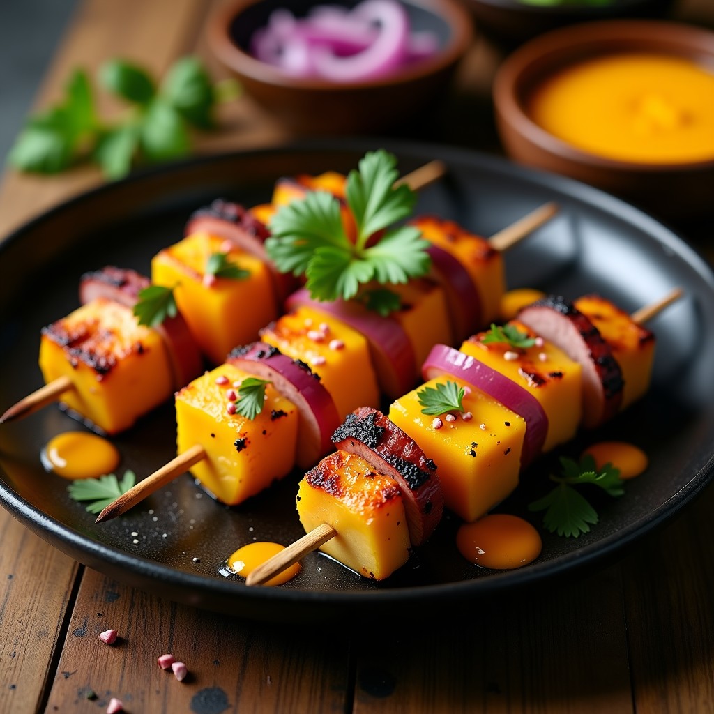 Brochetas de pollo dorado en grill con trozos de mango caramelizado, pimiento rojo y cebolla, servidas en plato de madera con salsa de leche de tigre y mango al lado, receta peruana rápida.