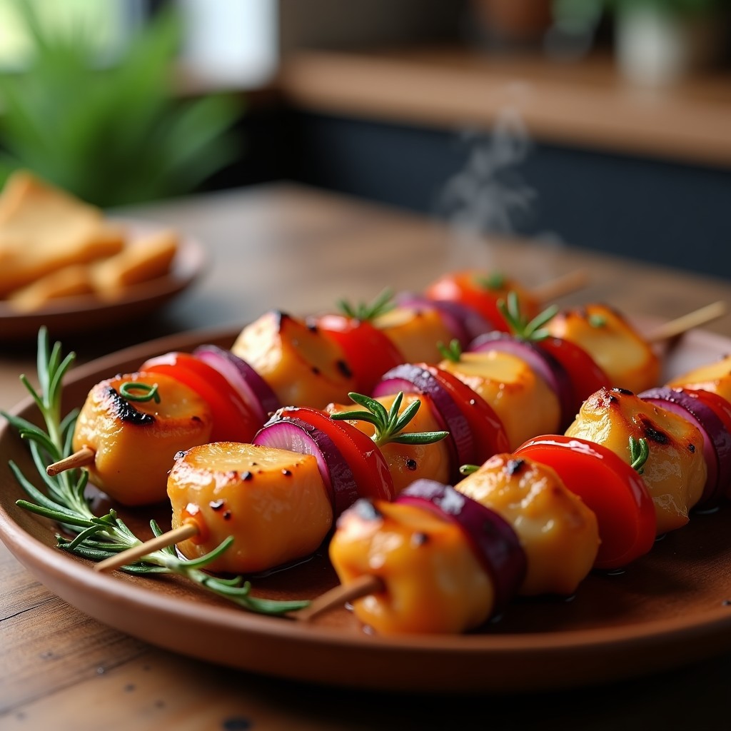 Brochetas de pollo dorado y jugoso, marinadas en miel de agave y romero, con trozos de cebolla morada y pimiento rojo caramelizados. Servidas sobre un plato de madera rústico con hierbas frescas de decoración y un fondo borroso de cocina moderna.