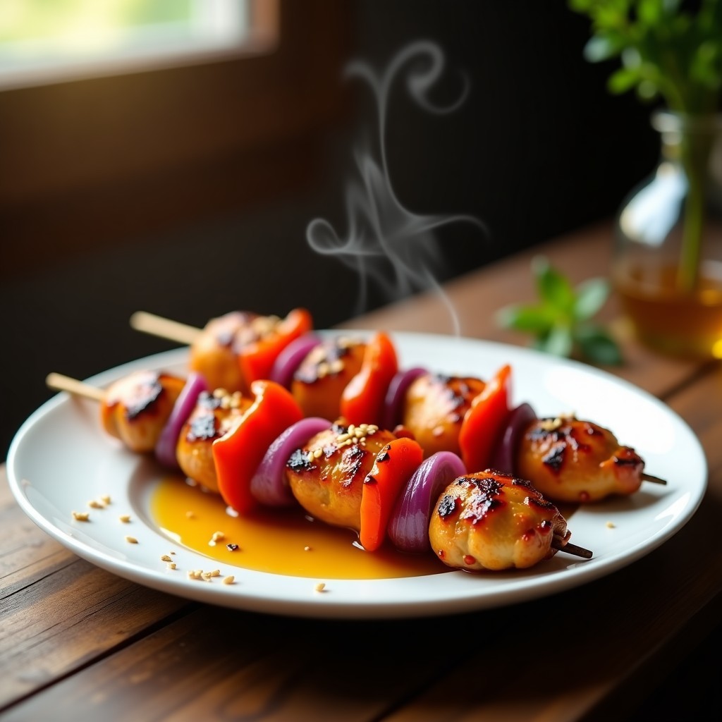 Brochetas de pollo glaseadas con miel y mostaza sobre bandeja de horno, acompañadas de pimiento rojo y cebolla morada asados, receta jugosa y dorada.
