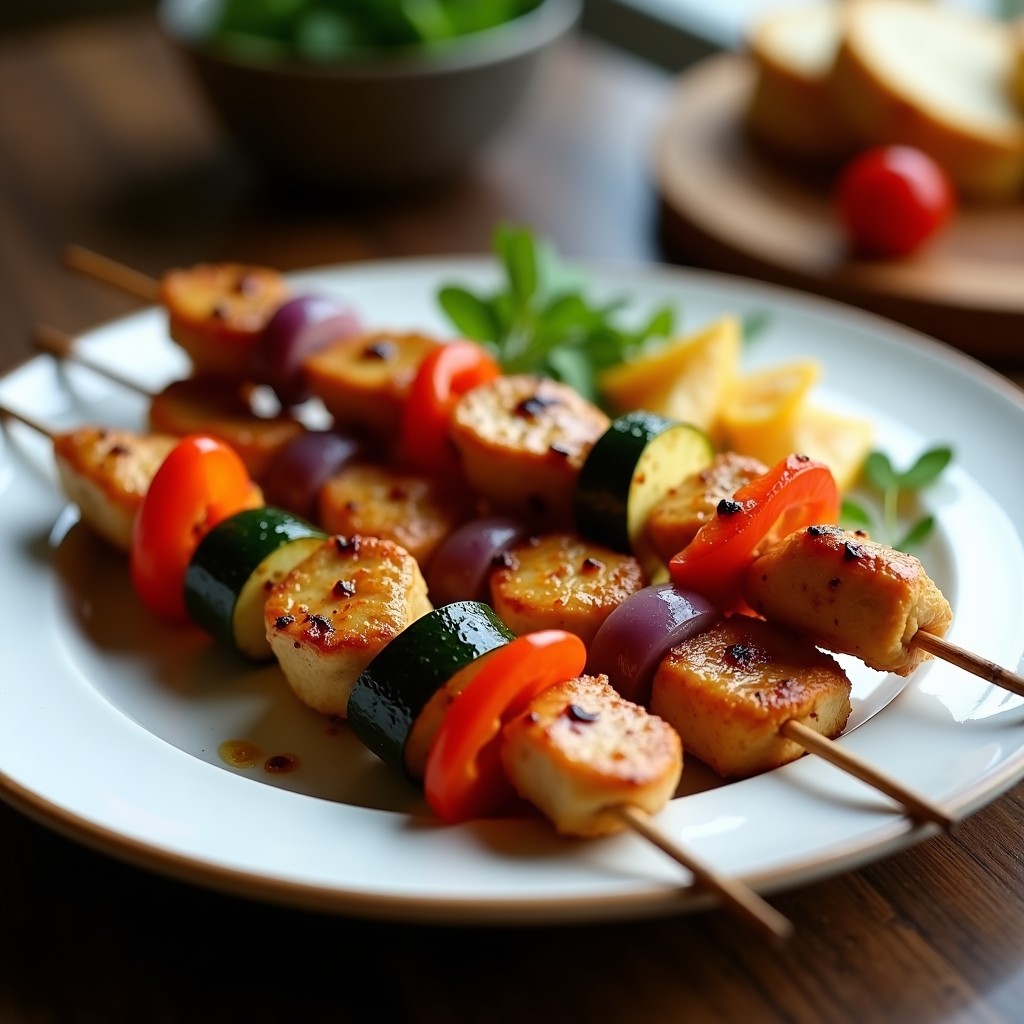Brotchetas doradas de pollo marinado en miel y mostaza con trozos de pimiento rojo, cebolla morada y calabacín, cocinadas en airfryer y servidas en plato blanco rústico con fondo de madera oscura.