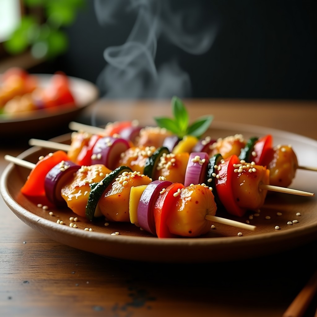Brochetas de pollo marinado en miel y sésamo con verduras coloridas, cocinadas en airfryer, con un glaseado brillante y semillas de sésamo tostadas espolvoreadas, servidas en un plato de madera rústico con fondo oscuro.