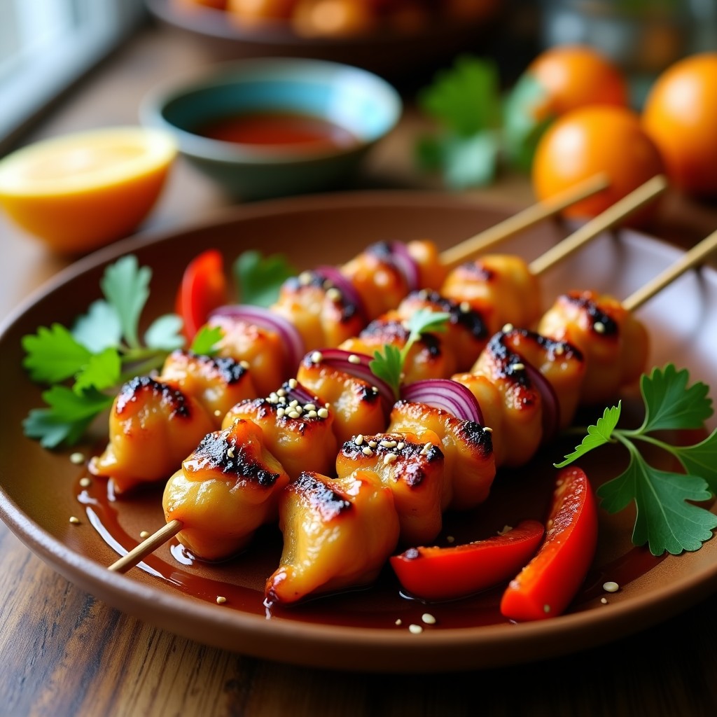 Brochetas de pollo dorado y crujiente marinado en miso y maracuyá, ensartadas con cebolla morada y pimiento rojo, servidas en plato blanco con semillas de sésamo y cebollino espolvoreado. Receta fusion en airfryer.
