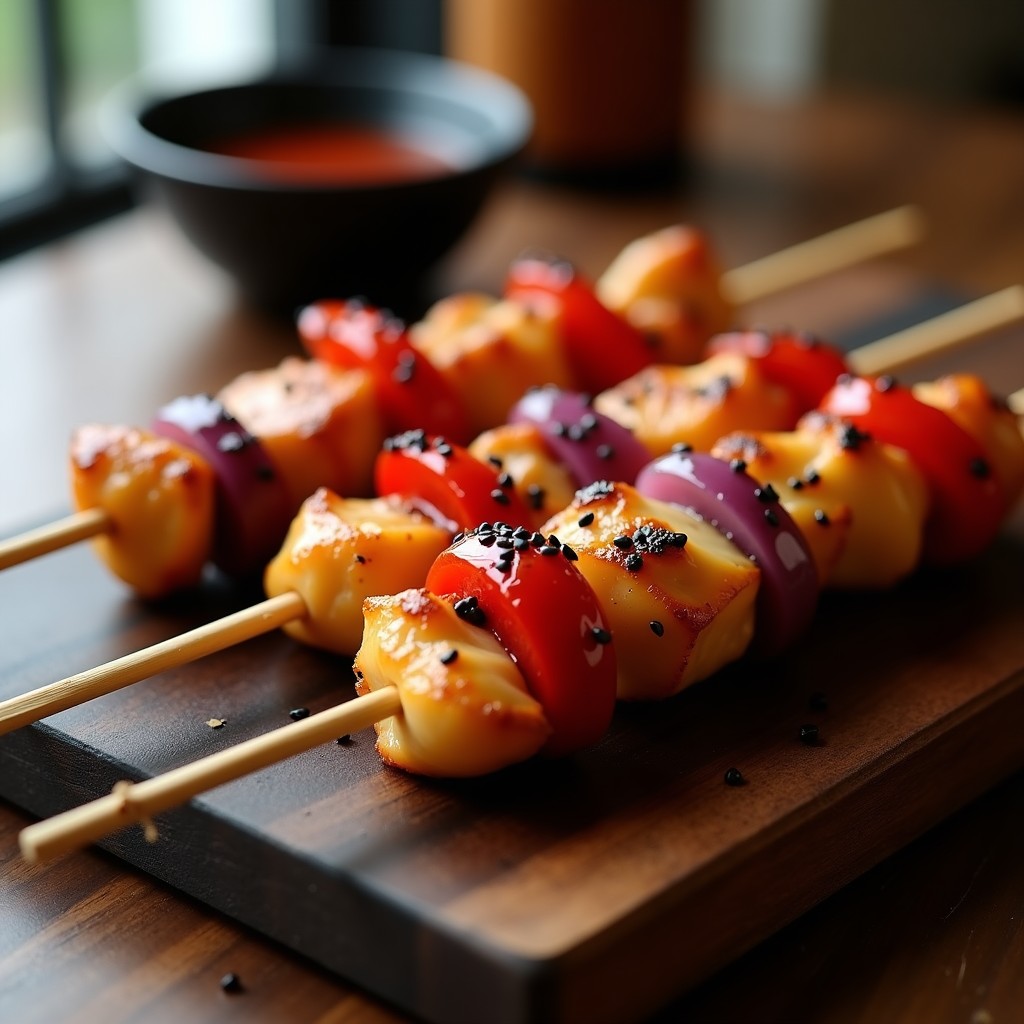 Brochetas de pollo dorado glaseado con miso y miel en palillos de bambú, acompañadas de cebolla morada y pimiento rojo asado, sobre fondo de madera oscura con semillas de sésamo espolvoreadas.