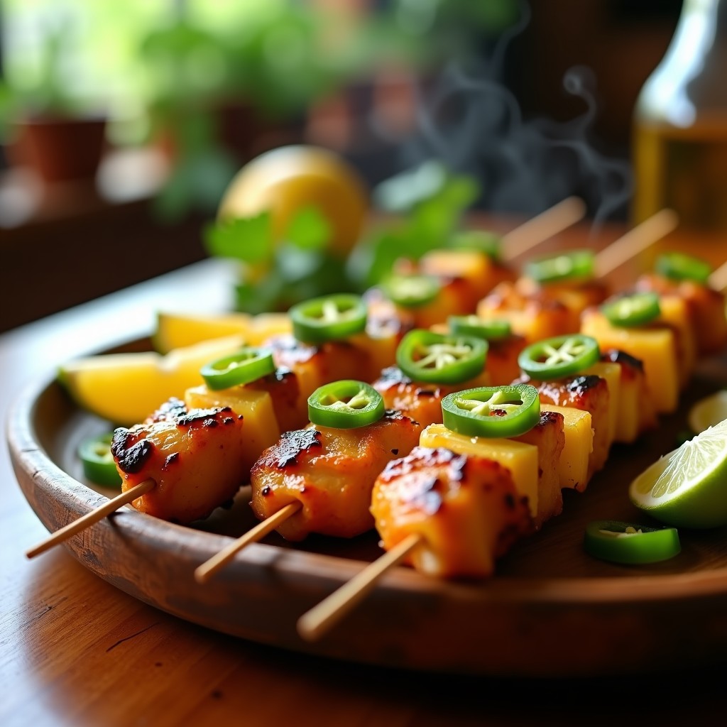 Brochetas doradas de pollo marinado con trozos de piña caramelizada y rodajas de jalapeño, servidas en un plato de madera con cilantro fresco y limón verde, receta caribeña en airfryer.