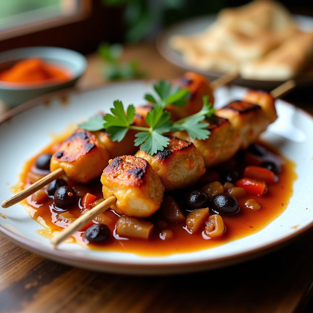 Plato hondo de barro con brochetas de pollo dorado al satajel sobre un pisto de berenjena cremoso, decorado con perejil fresco. Receta georgiana en olla exprés con especias visibles en el fondo.