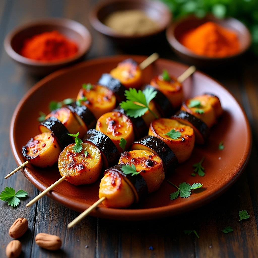 Brochetas de pollo dorado al satarash con cubos de berenjena asada y dorada, servidas en un plato de barro rústico con perejil fresco espolvoreado y un fondo de especias georgianas.