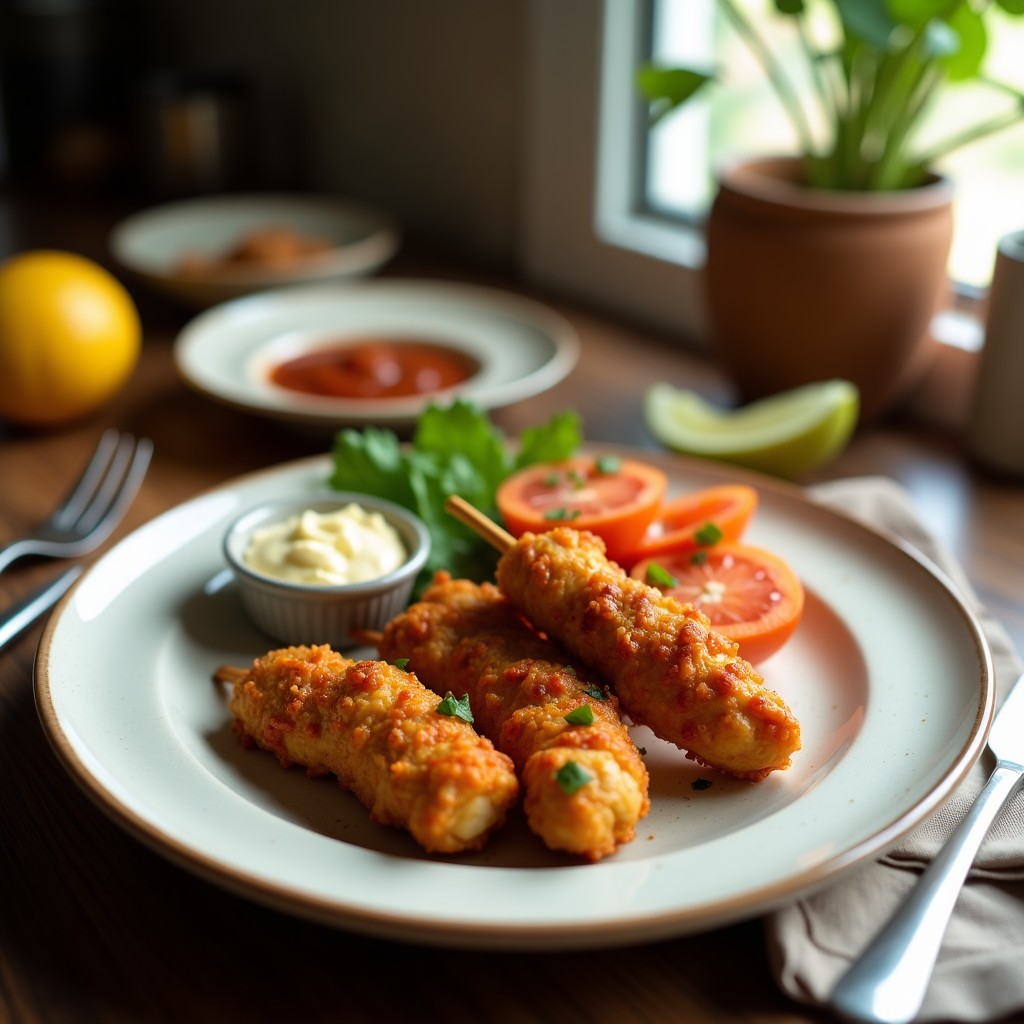 Brochetas de pollo satay con salsa de cacahuete casera, servidas en un plato con cilantro fresco y lima, lista para ser disfrutada