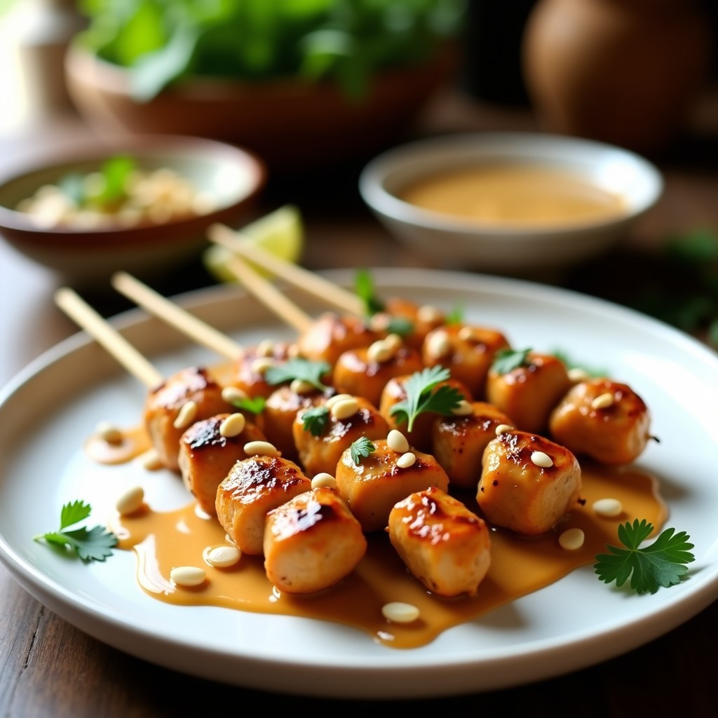 Brochetas de pollo satay doradas y jugosas en palillos de madera, servidas con salsa de cacahuete cremosa y espolvoreadas con cacahuetes picados, sobre un plato de cerámica blanca con fondo de hojas de limón.