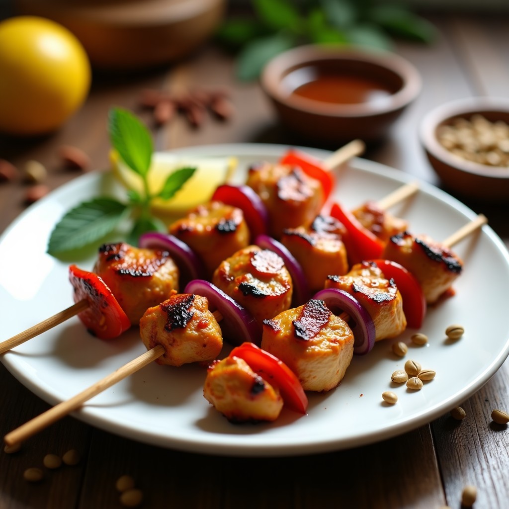 Brochetas de pollo al satif con especias marroquíes en airfryer, trozos dorados de pollo, cebolla morada y pimiento rojo ensartados en palillos, con un fondo de especias y hierbas frescas.