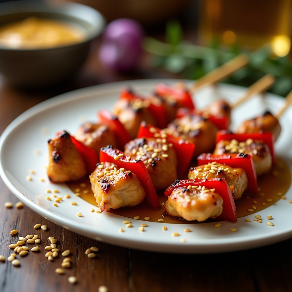 Brochetas de pollo dorado al sésamo con hierbas provenzales, pimiento rojo y cebolla morada, servidas en plato blanco con semillas de sésamo espolvoreadas.