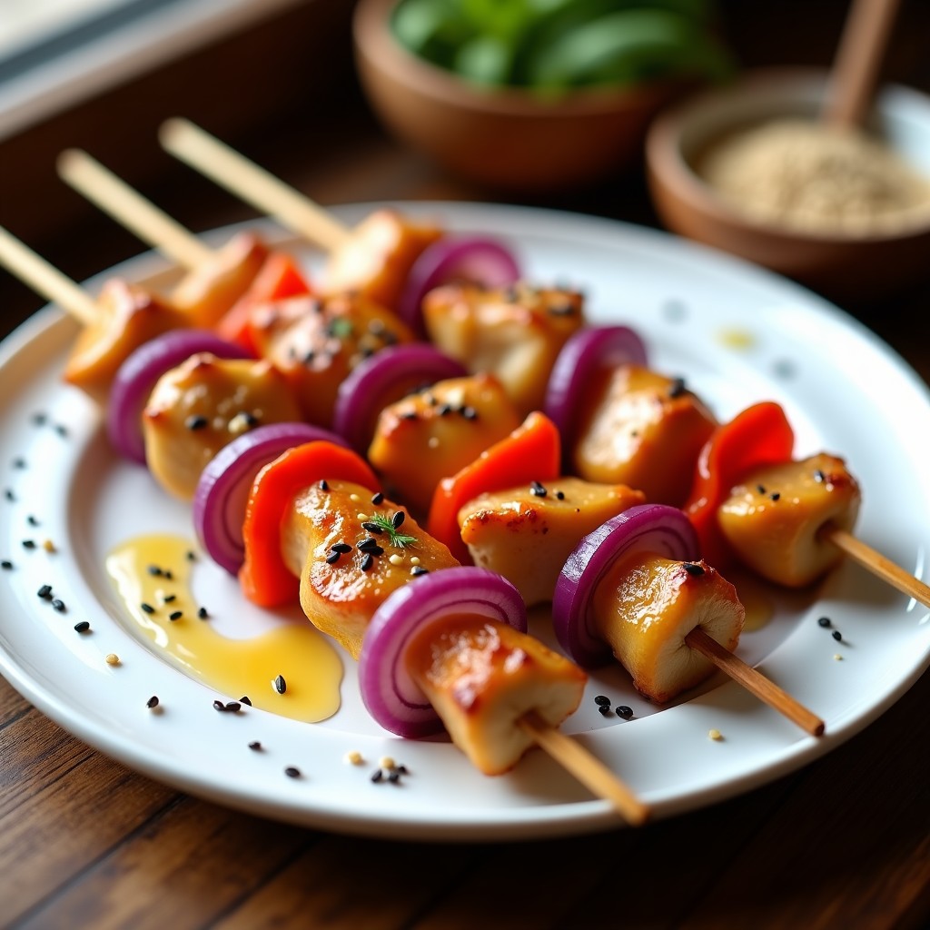 Brochetas de pollo dorado al sésamo y miel servidas en plato blanco, con trozos de pimiento rojo y cebolla morada, espolvoreadas con semillas de sésamo negro y blanco.