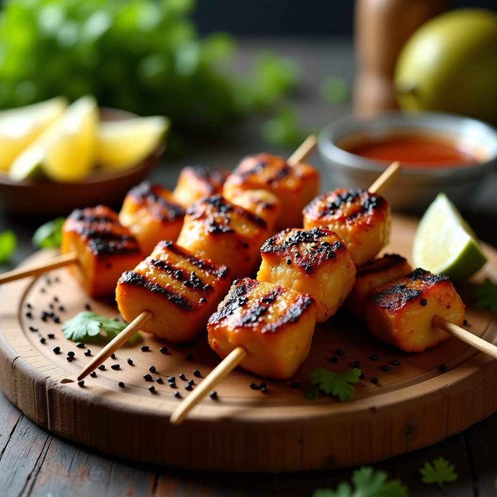 Brochetas de pollo teriyaki y durian al grill, con trozos dorados de pollo, durian cremoso y cebolla morada caramelizada, espolvoreadas con semillas de sésamo sobre un plato de madera rústico con rodajas de chile rojo.