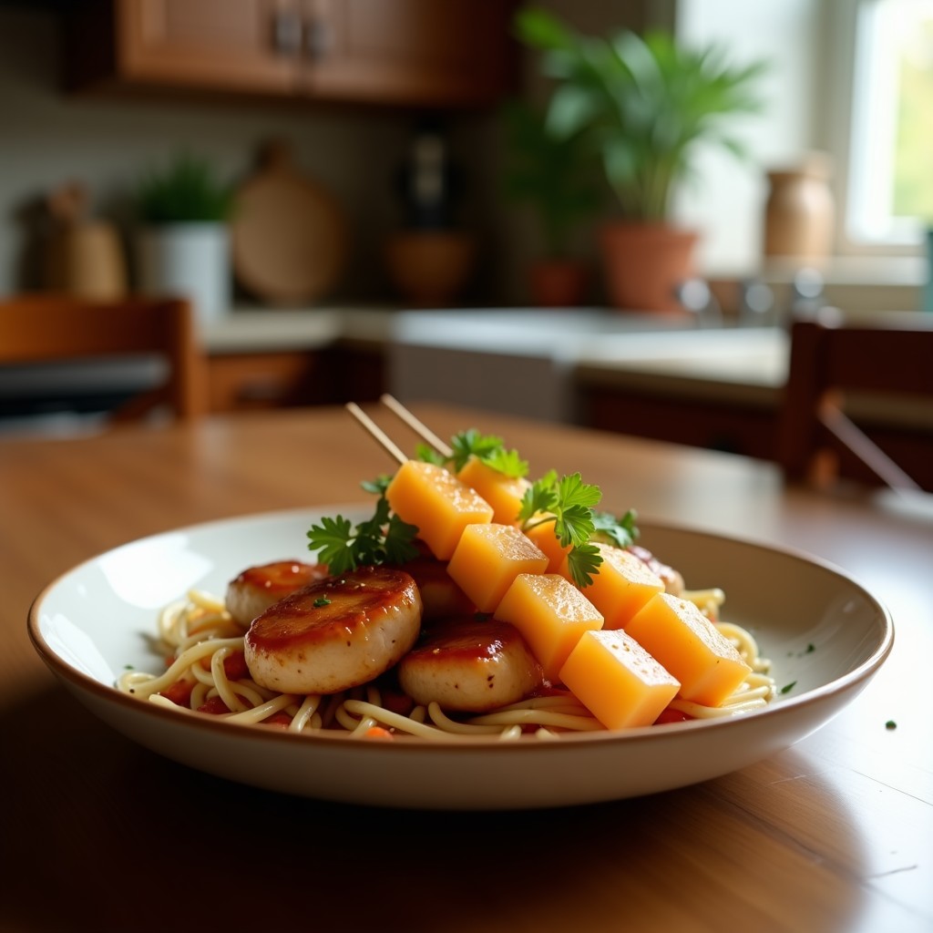 Brochetas doradas de pollo teriyaki y cubos de melón cantalupo asado, servidas en una bandeja de madera con semillas de sésamo negro espolvoreadas y un fondo de plancha humeante, receta veraniega lista en 15 minutos.