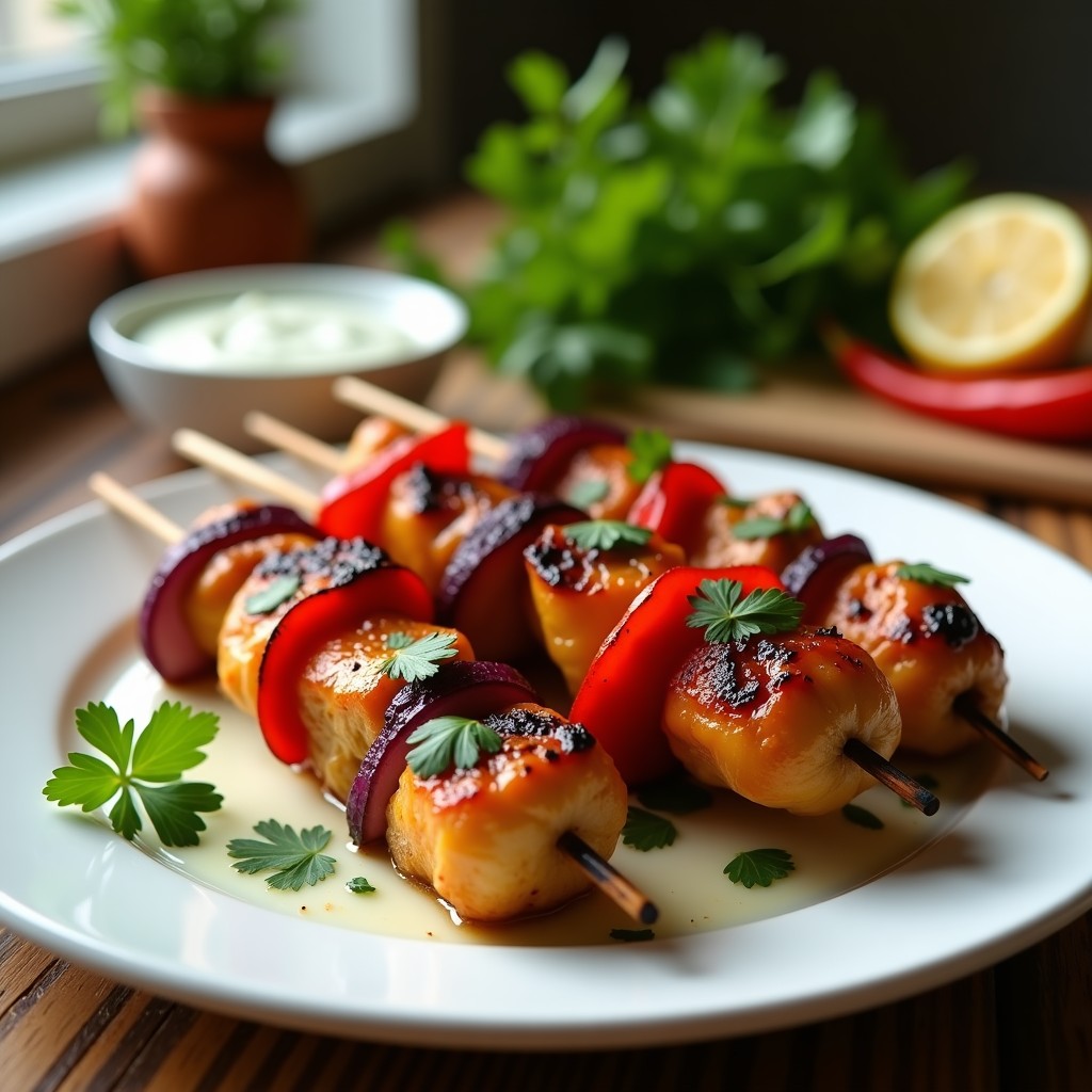 Brochetas de pollo dorado marinado en yogur y cilantro, acompañadas de cebolla morada y pimiento rojo asado, servidas sobre un plato blanco con decoración de cilantro fresco y limón. Receta pakistaní en olla express.