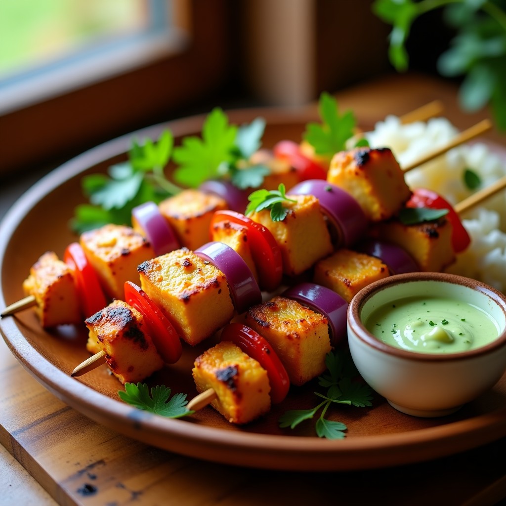 Brochetas de pollo doradas y jugosas marinadas en yogur y especias indias, asadas en airfryer, con trozos de cebolla morada y pimiento rojo, servidas sobre un plato de madera rústico con cilantro fresco espolvoreado.