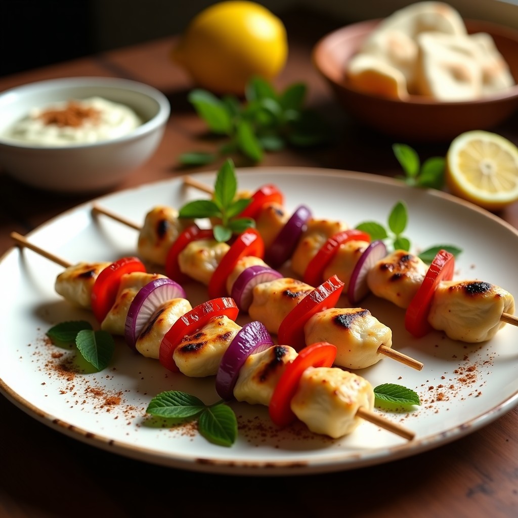 Brochetas de pollo dorado marinado en yogur y especias zaatar, con trozos de cebolla morada y pimiento rojo, servidas en un plato de cerámica blanca con limones y hierbas frescas al fondo. Receta árabe en olla express.