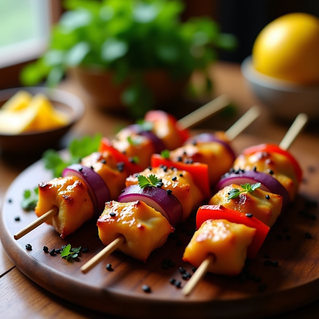 Brochetas de pollo marinado en yuzu y jengibre dispuestas en un tupper de bambú, con trozos dorados de pollo, cebolla morada y pimiento rojo, espolvoreadas con semillas de sésamo negro y acompañadas de una salsa brillante. Receta japonesa en airfryer para llevar.
