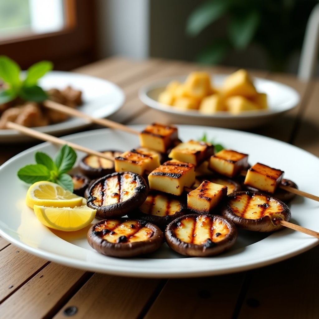 Brochetas doradas de champiñones Portobello y queso Halloumi en palillos de madera, con hojas de albahaca fresca, servidas sobre un plato de cerámica blanca con fondo de hierbas provenzales y limón. Receta mediterránea en Airfryer.