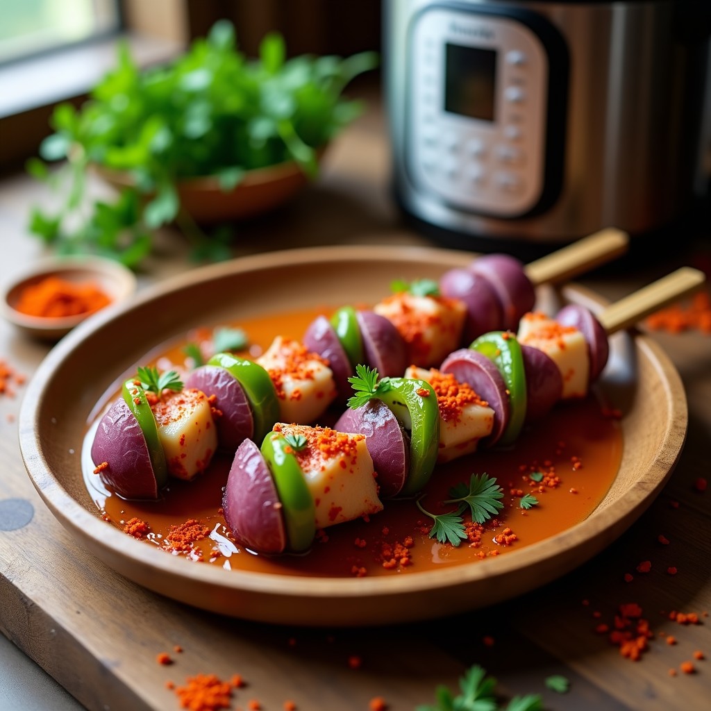 Brochetas de pulpo a la gallega con trozos de cebolla morada y pimiento verde, espolvoreadas con pimentón de la Vera y perejil fresco, servidas en una fuente de madera rústica con fondo de olla exprés.