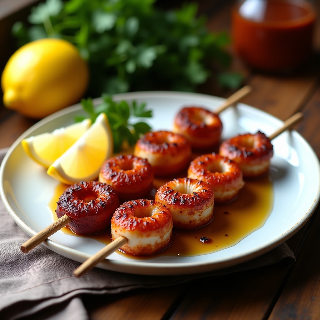 Brochetas de pulpo a la gallega con pimentón de la Vera dispuestas en un plato de madera, doradas y humeantes, espolvoreadas con perejil fresco, sobre un fondo rústico con limones y especias.