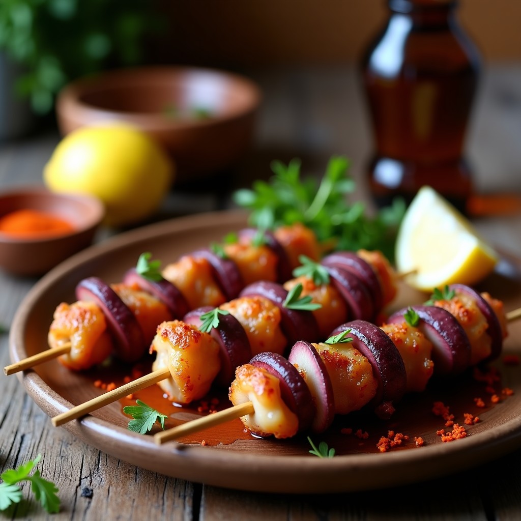 Brochetas doradas de pulpo y patata morada servidas en plato de madera rústico, con perejil fresco y pimentón de Padron espolvoreado, fondo de cocina gallega tradicional.